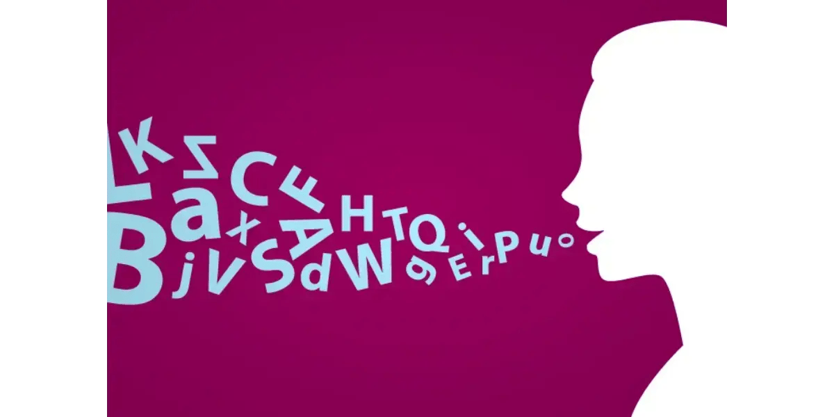 Illustration of two profile silhouettes with scattered letters, representing diction and enunciation in vocal training.
