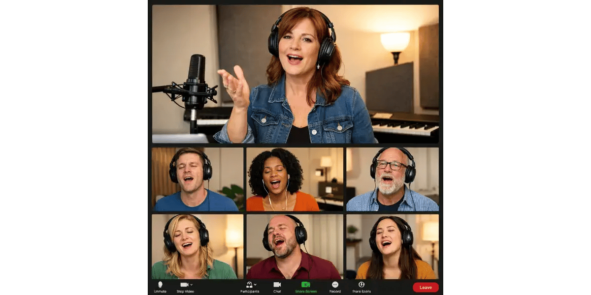 Vocalist performing high-energy pop vocal exercises into a studio condenser mic