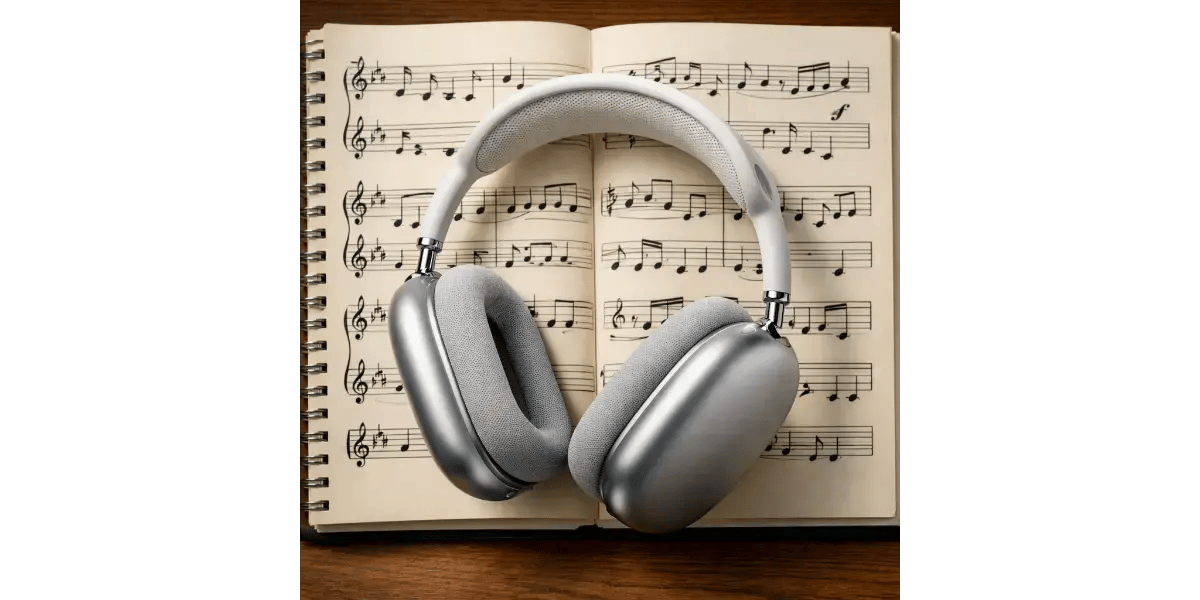 Silver over-ear headphones resting on open sheet music