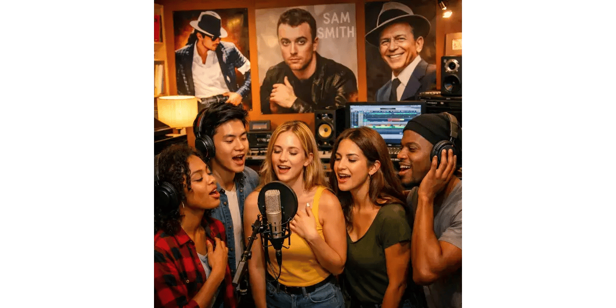 Aspiring vocalists practicing together in a vibrant music studio