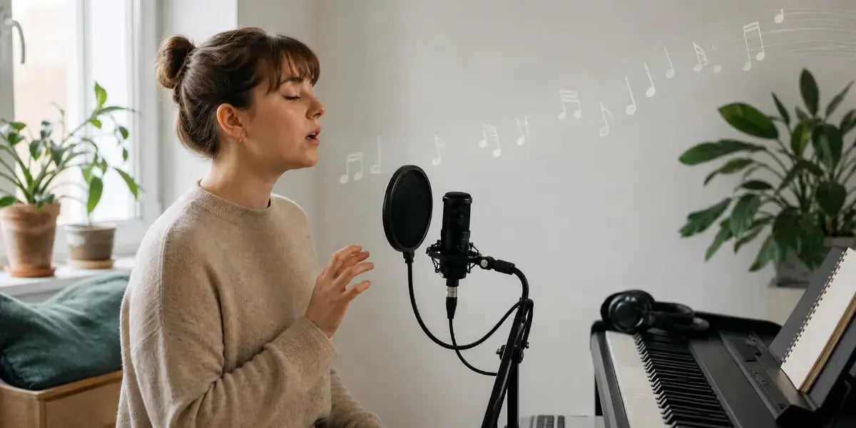 Beginner singer practicing head voice training with a microphone.