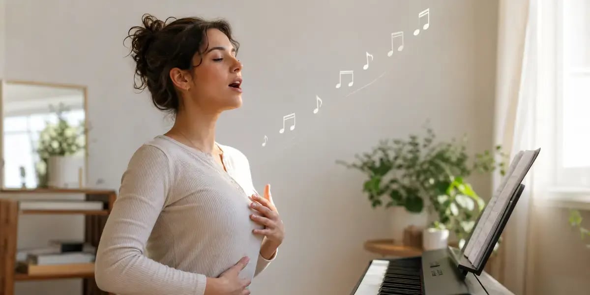 Singer practicing high notes with head voice technique