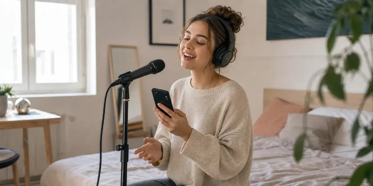 A beginner singer practicing easy Ariana Grande songs with a microphone.