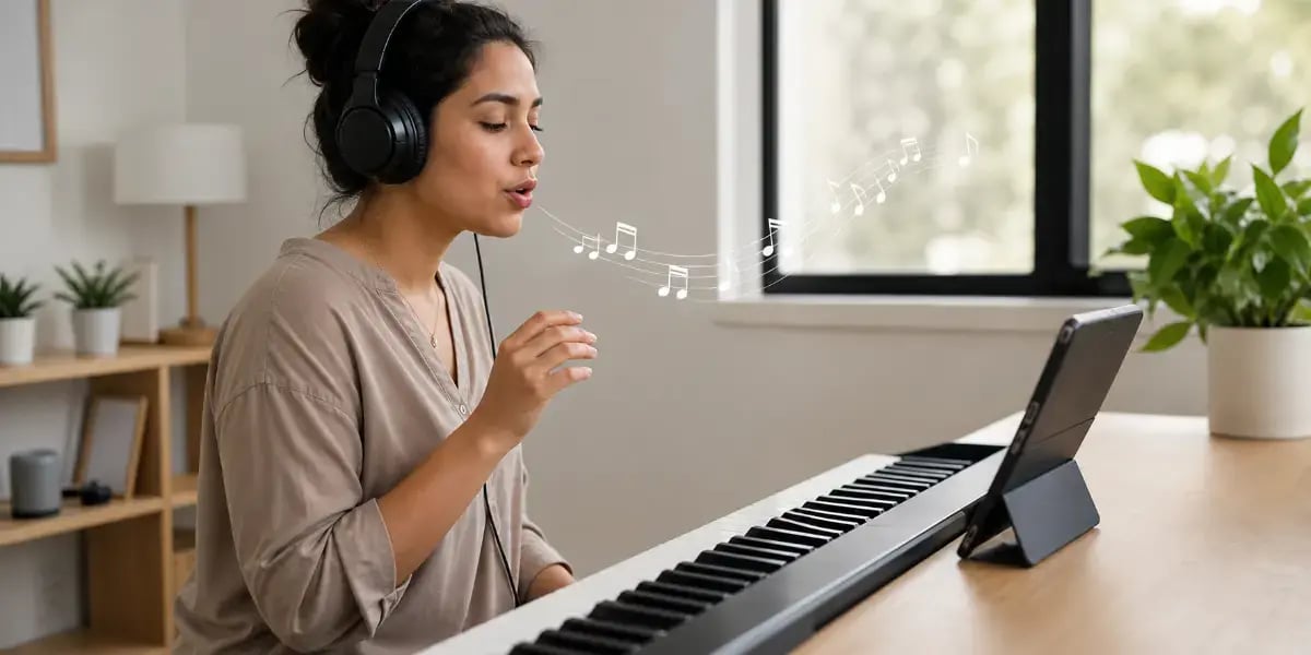 Singer practicing vocal runs at a piano with headphones