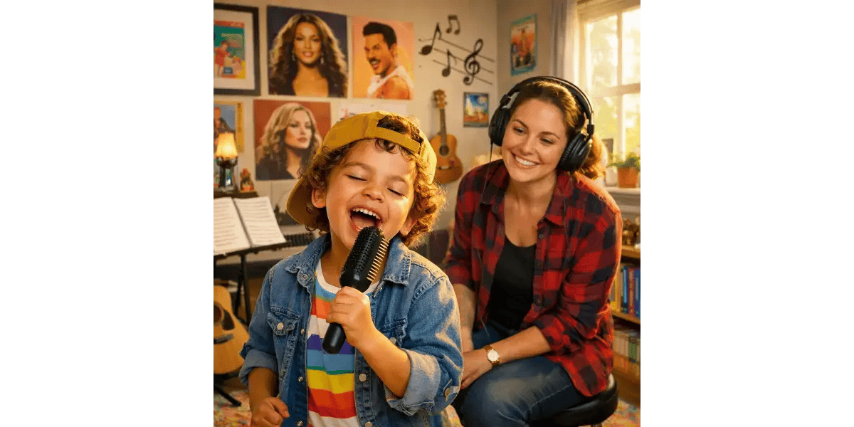 Child learning to sing with an encouraging vocal coach in a vibrant music studio