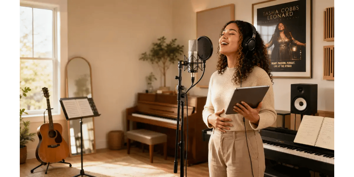 Female singer wearing headphones standing in front of a microphone and music stand in a cozy studio setup
