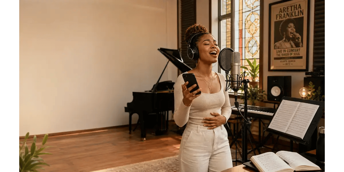 Female singer practicing vocal technique in a recording studio