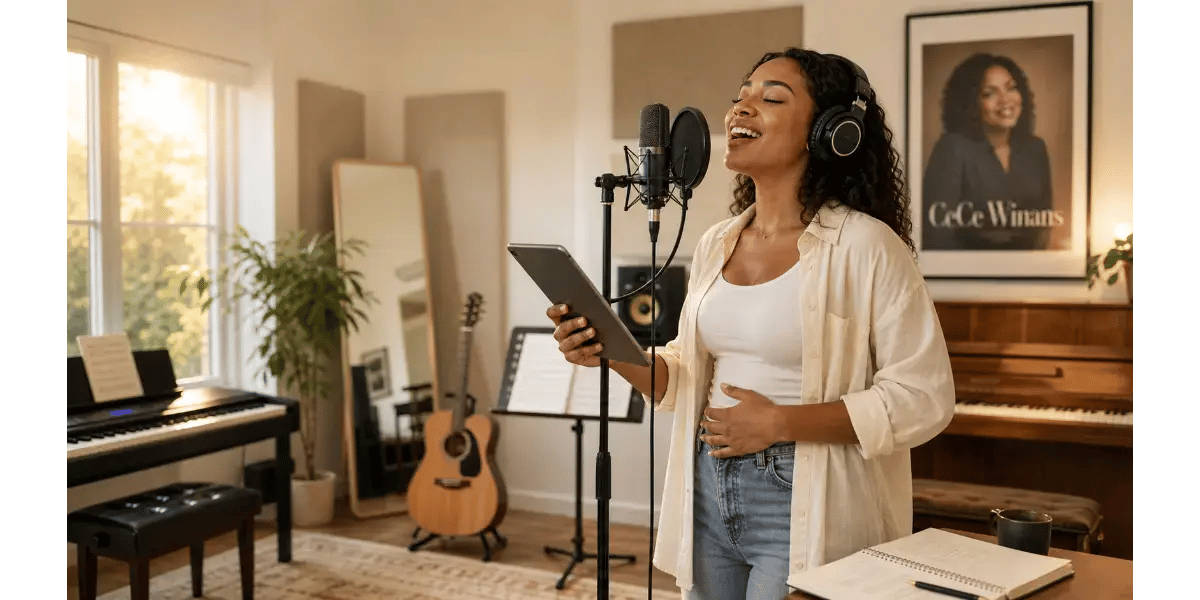 Female singer practicing worship vocals into a microphone in a studio