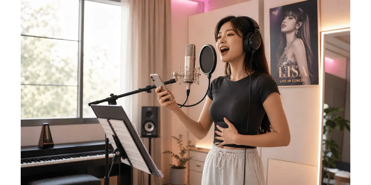 A female vocalist singing into a studio microphone while placing a hand on her stomach to monitor her breathing