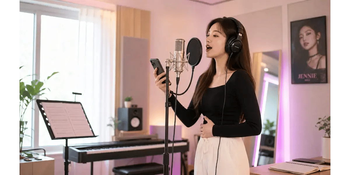 Female singer practicing K-pop vocal technique in a recording studio