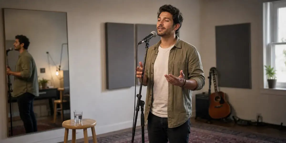 Male singer practicing stage presence with a microphone on stand in a music studio