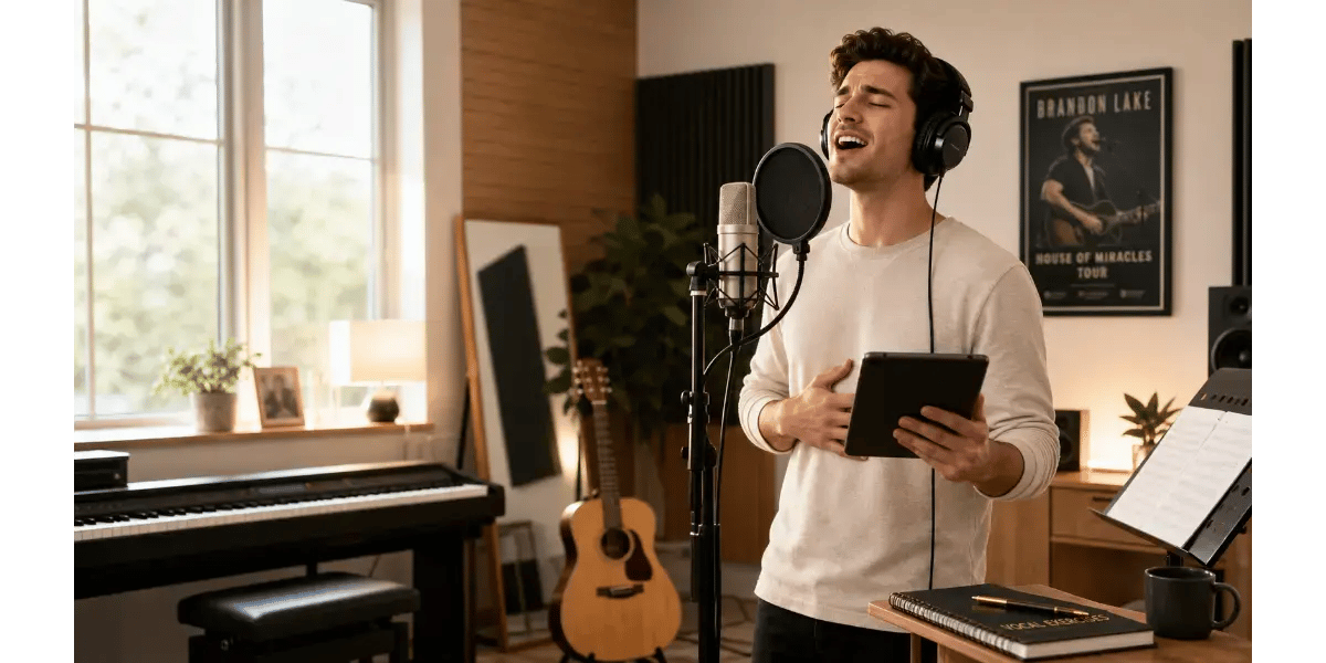 Male worship singer practicing Brandon Lake vocal technique in a recording studio