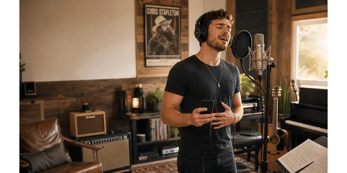 Male singer practicing soulful country vocals in a studio