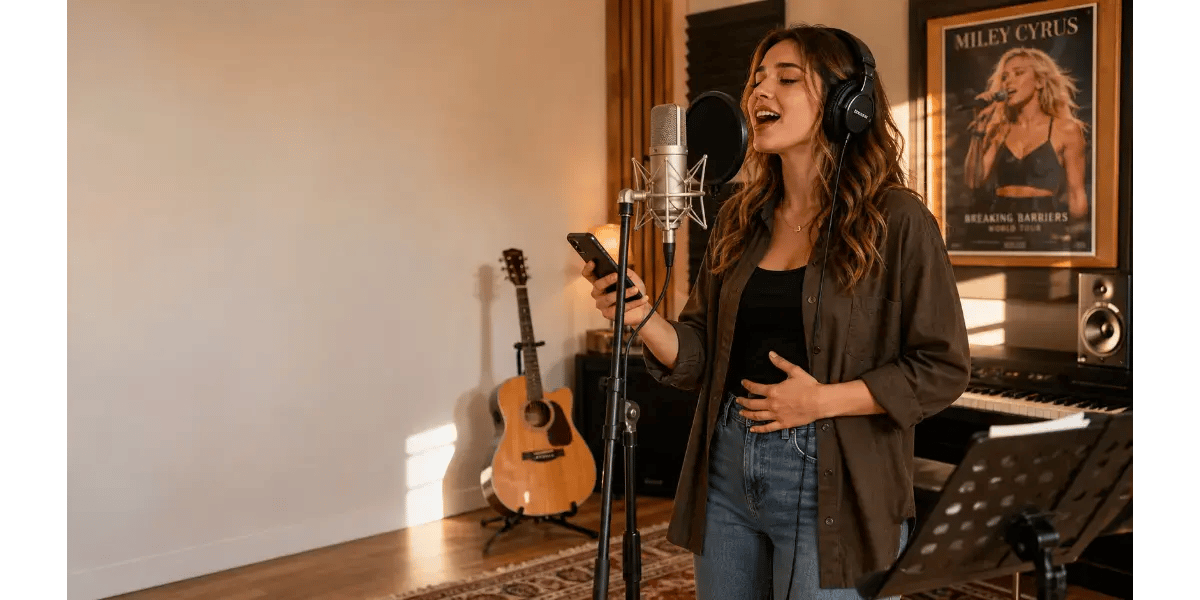 Female singer performing into a microphone in a recording studio