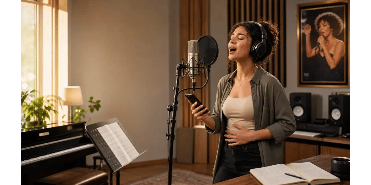 Female singer practicing vocal techniques in a studio microphone setting
