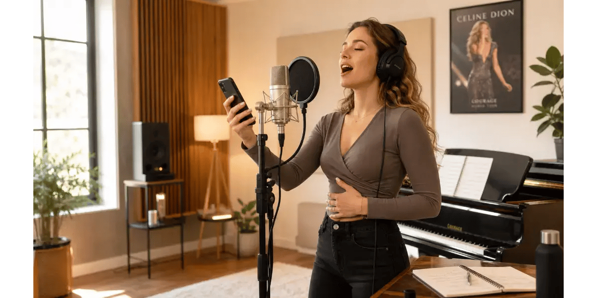 Woman singing passionately into a microphone practicing Celine Dion vocal techniques
