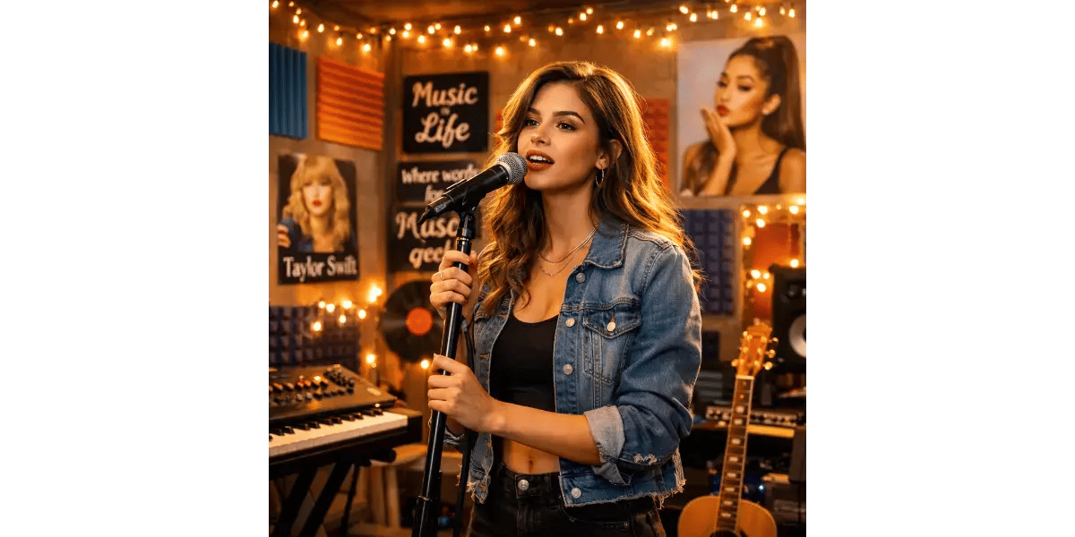 Contemporary pop artist performing in a vibrant recording studio
