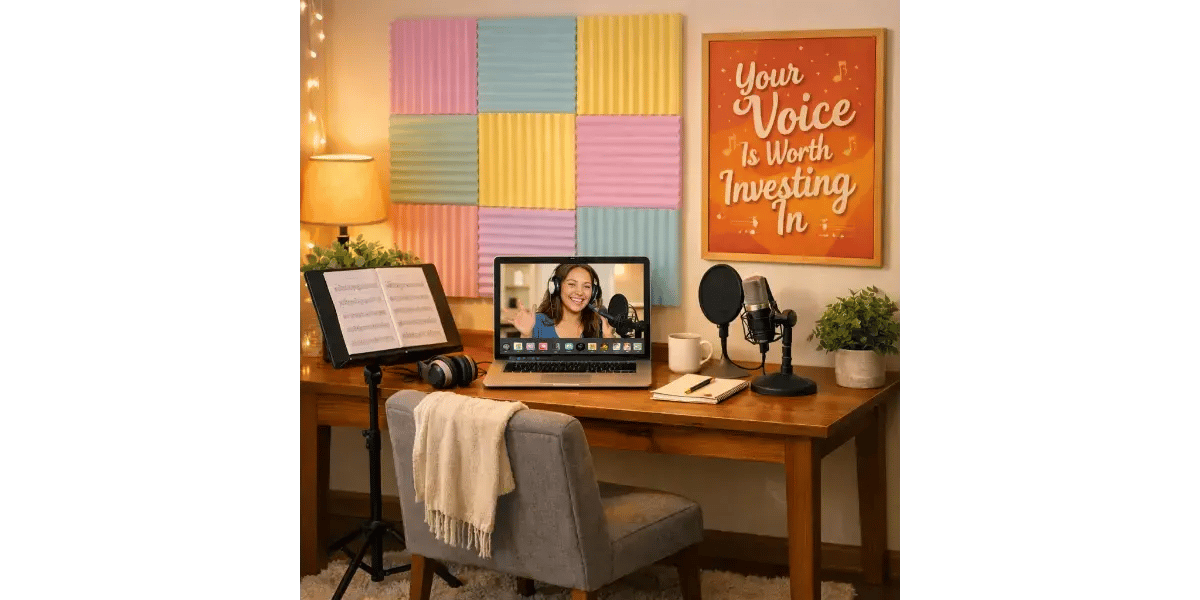 An online singing lesson in progress on a laptop screen, set up in a home recording space with a microphone.