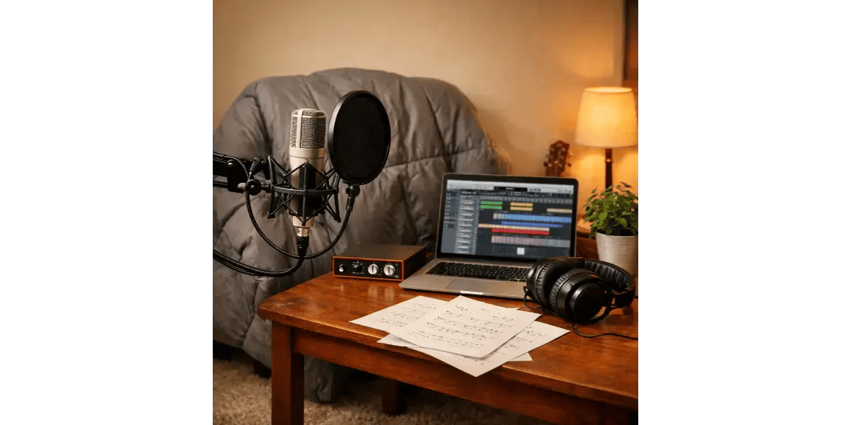 Female singer demonstrating lip trill vocal warm-up exercise in studio booth