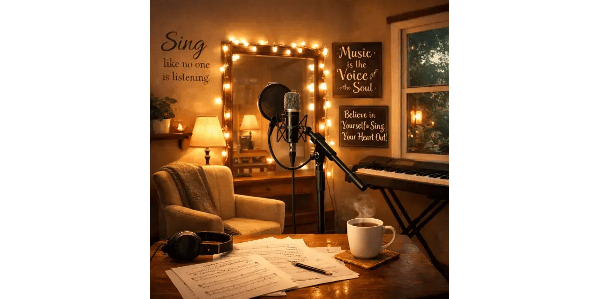 Acoustically treated home recording studio with a condenser microphone on stand