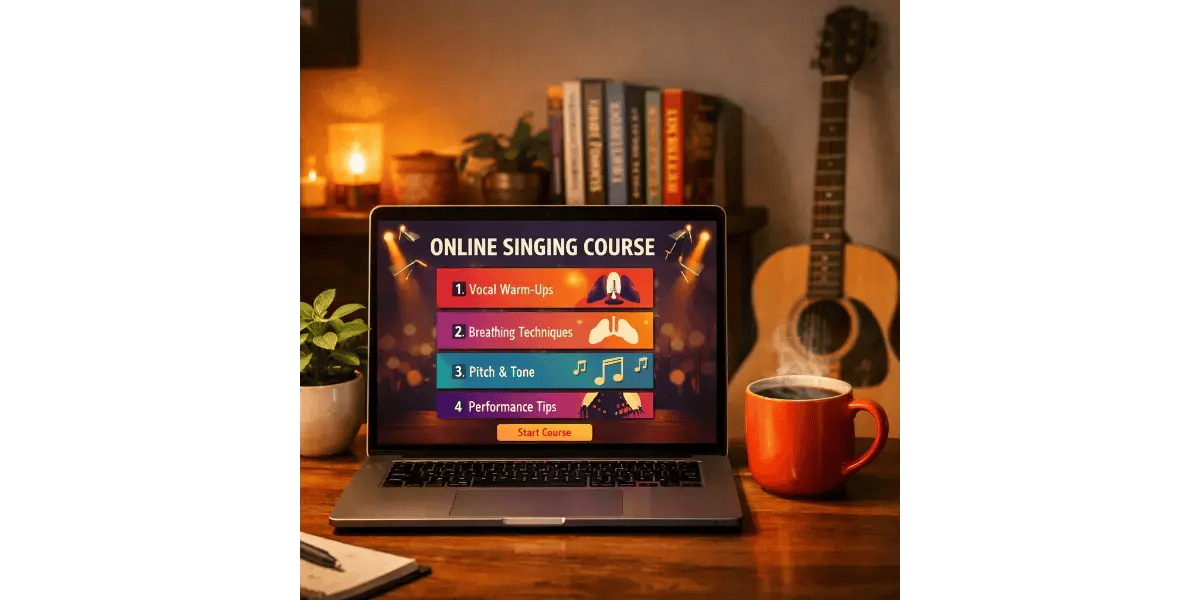 A laptop displaying an online singing course next to an acoustic guitar, representing learning to sing at home.