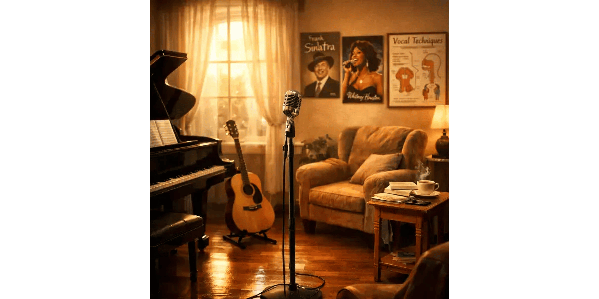 Musician monitoring vocal resonance and tone with professional studio headphones