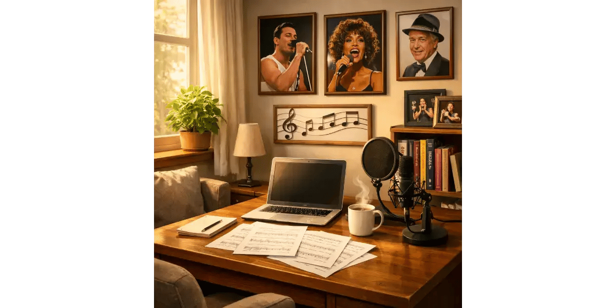 Warm studio corner with an acoustic guitar and standing microphone for vocal practice