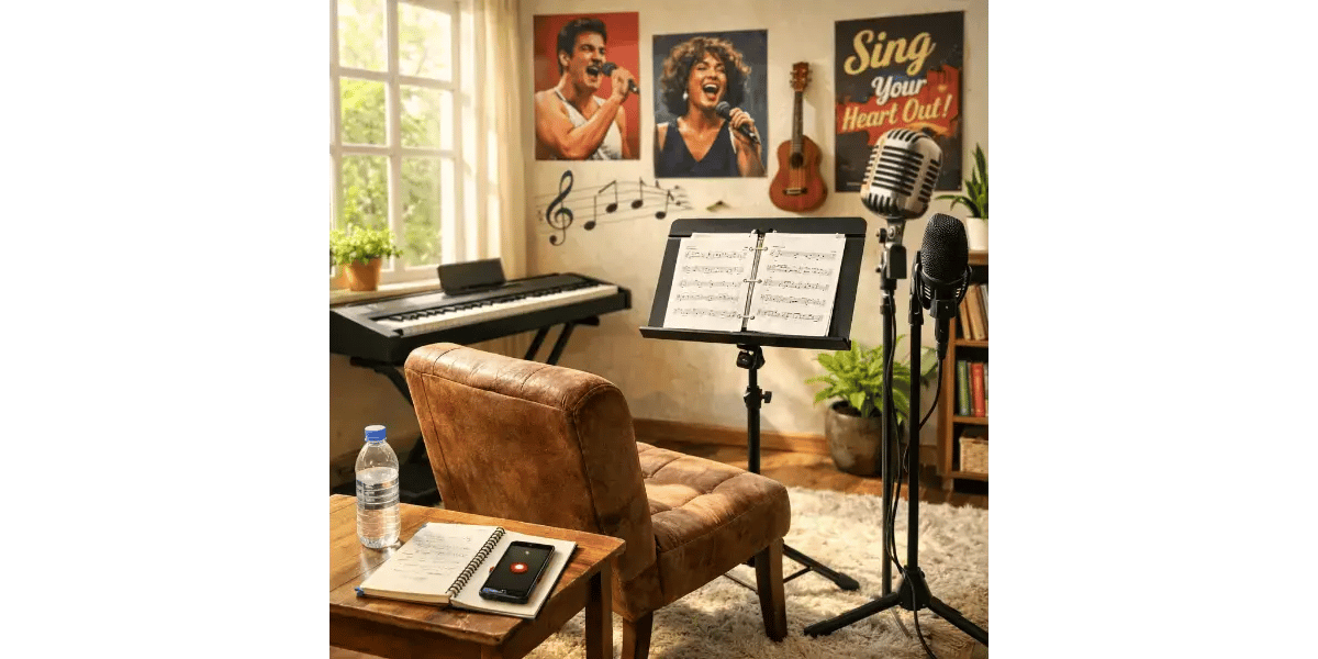 Beginner music studio setup with keyboard, microphone, and music stand for first singing lesson