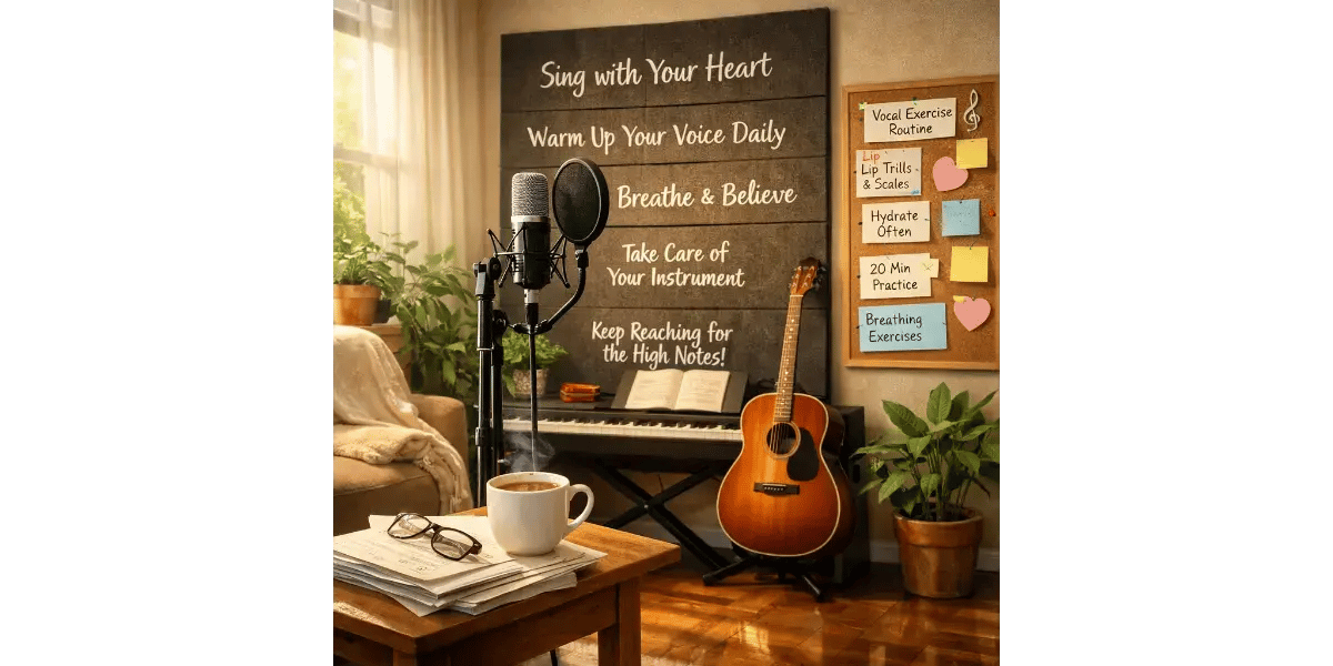 Home music studio setup with a microphone, acoustic guitar, and sheet music for vocal warm-up practice.