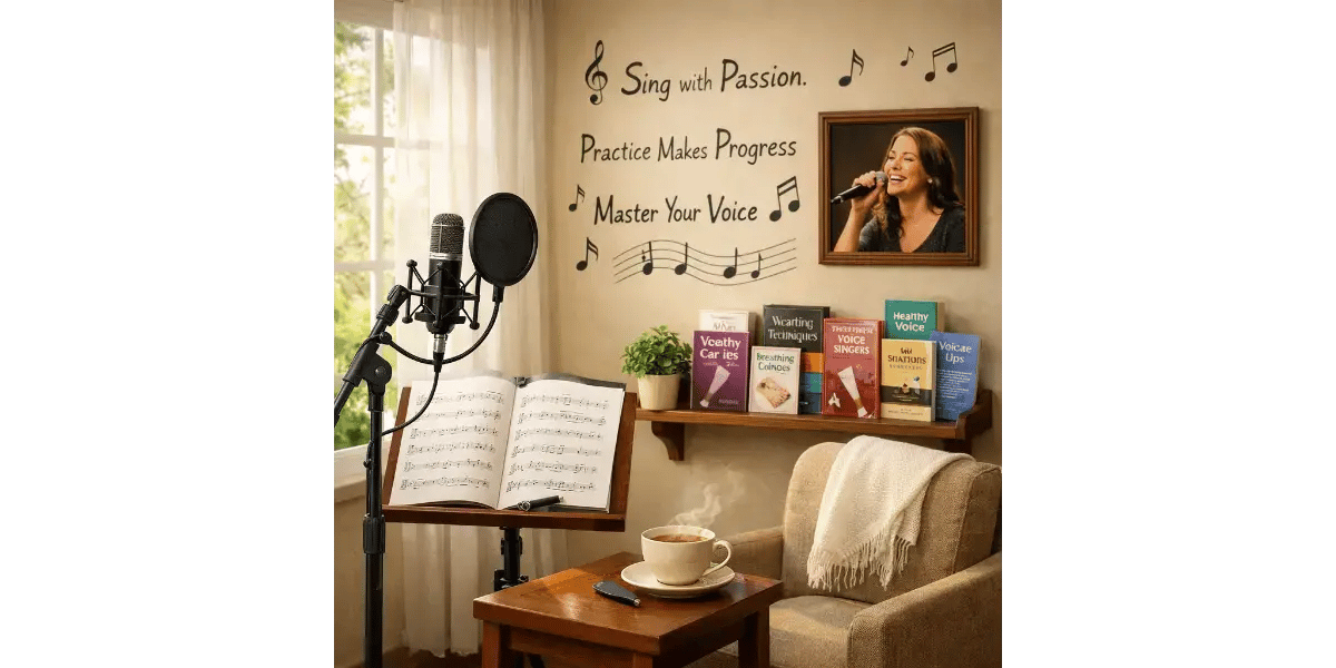Cozy vocal studio setup with musical score sheets and hot herbal tea for voice care