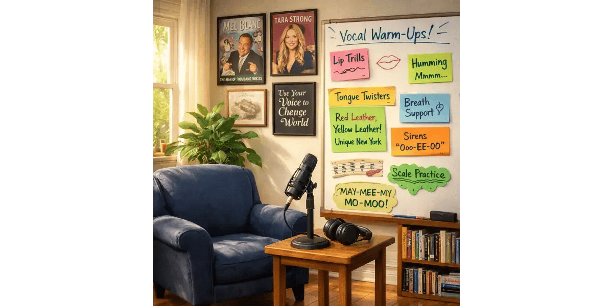 Home recording studio setup with a professional microphone for voice actor exercises