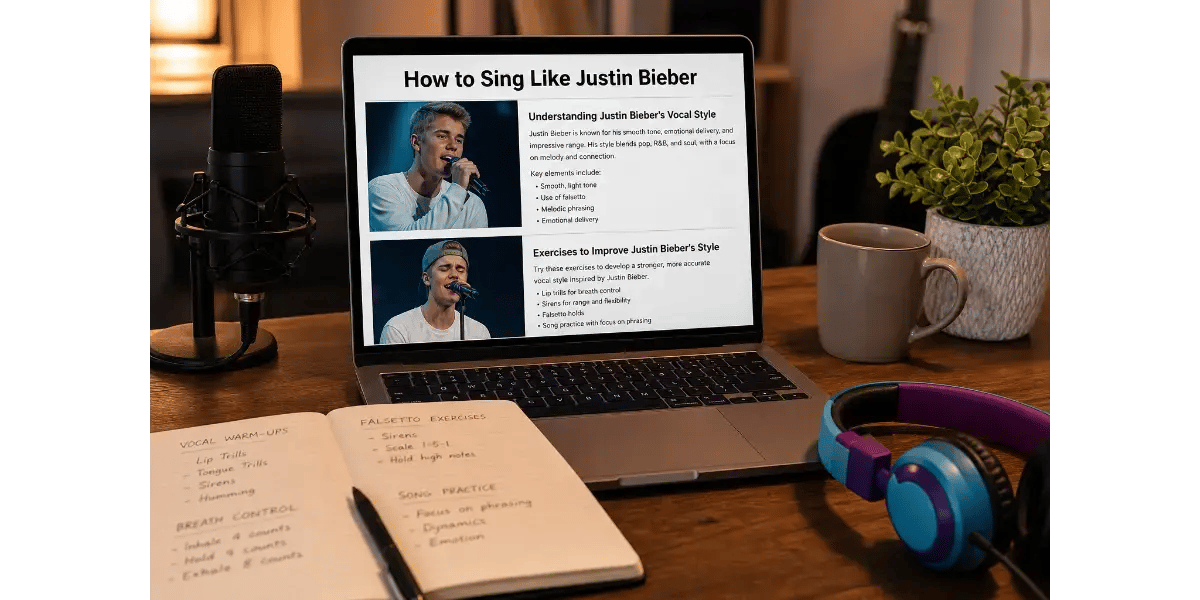 A laptop displaying a blog draft about Justin Bieber's singing style beside a notebook
