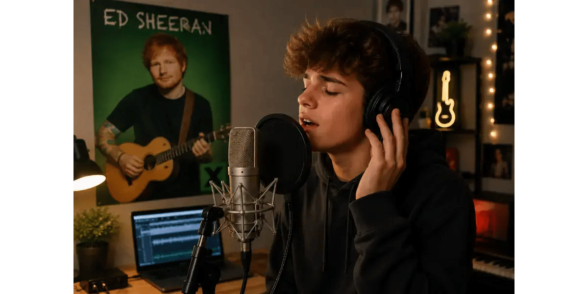 Young male singer performing into a studio microphone wearing headphones