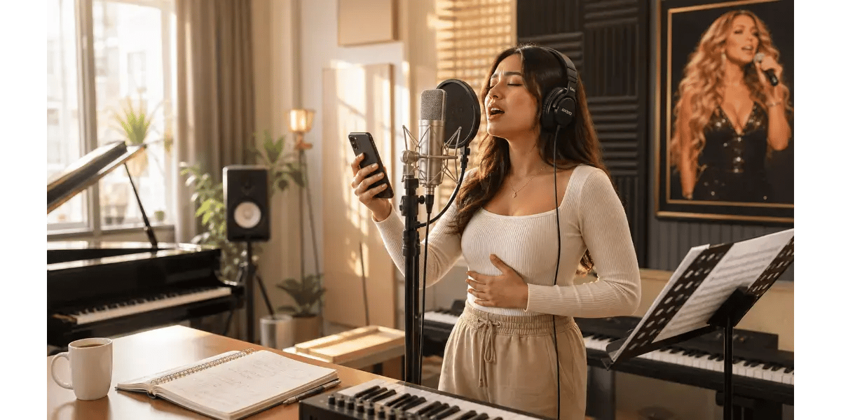 Female singer practicing Mariah Carey vocal techniques and mixed voice exercises in a music studio