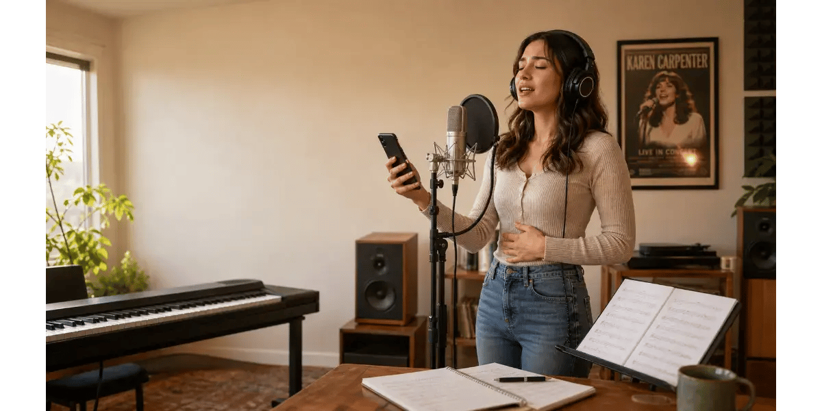 Female singer practicing the warm vocal style and breath control of Karen Carpenter