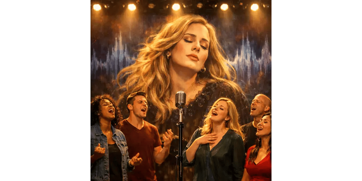 Vocalist performing live on stage with a backing choir under warm stage lighting