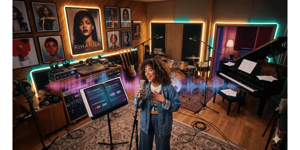 Female singer practicing Rihanna's vocal style and technique in a music recording studio setting