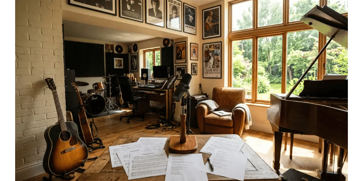 Home music studio setup with a grand piano, acoustic guitar, and recording equipment for vocal practice