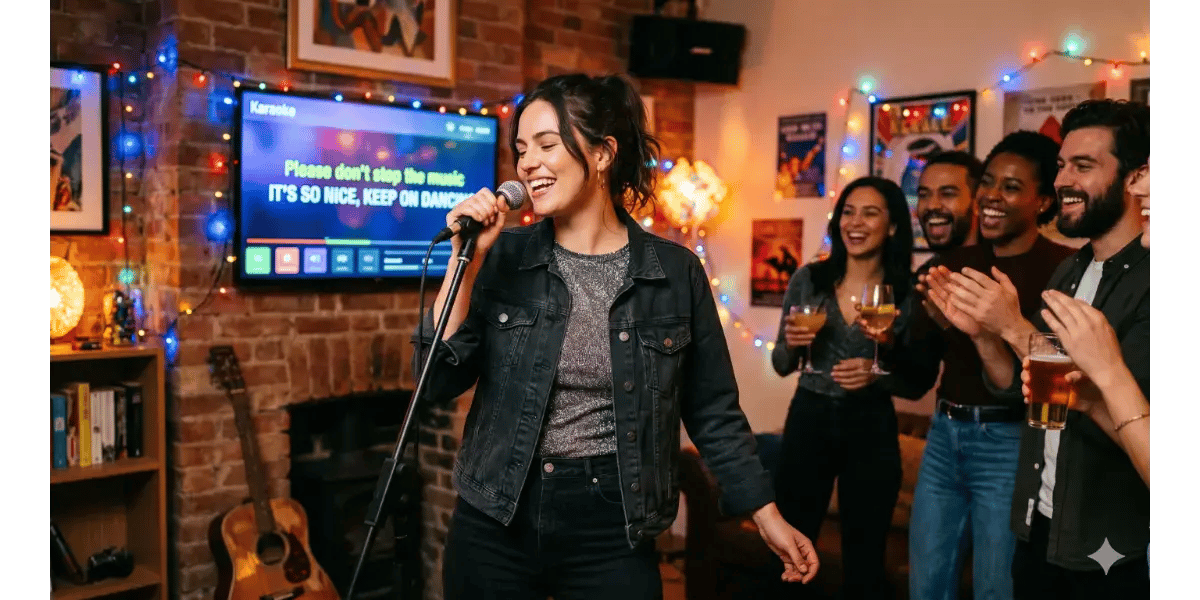 Female singer smiling while practicing beginner Rihanna pop songs in a music recording studio setting