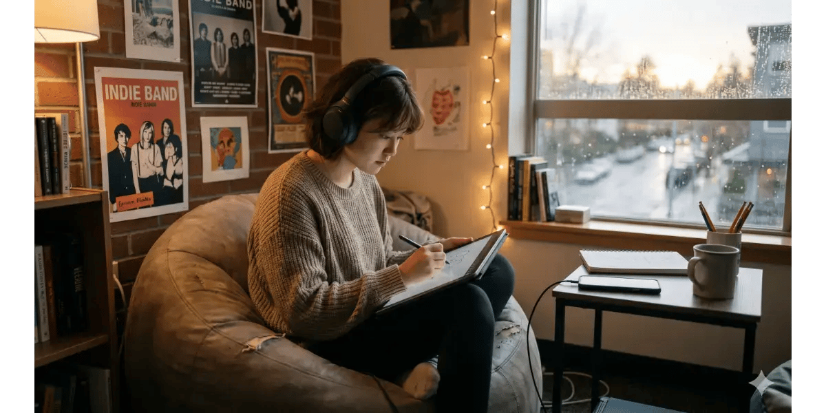 Young musician sitting in a cozy room studying sheet music and Taylor Swift song lyrics