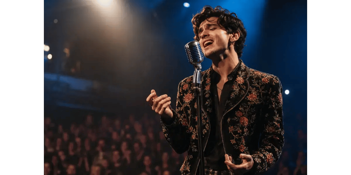 Harry Styles performing live and singing into a microphone