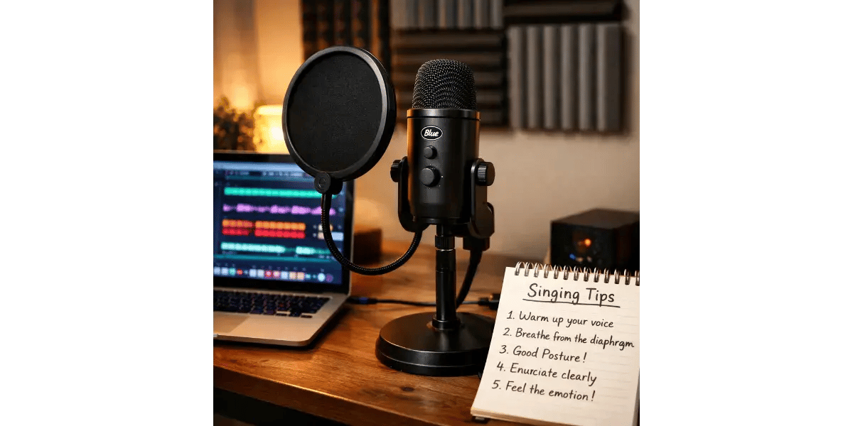 Rustic wooden vocal studio with warm ambient lights and studio recording gear