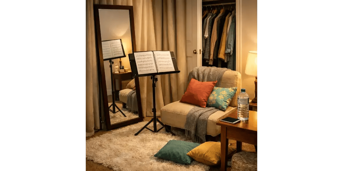 Home singing studio with wall soundproofing and comfortable furniture