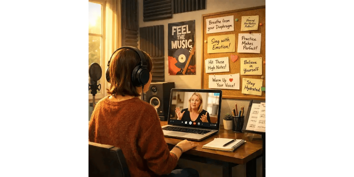 Student taking a live online voice lesson with a professional vocal coach on a video call