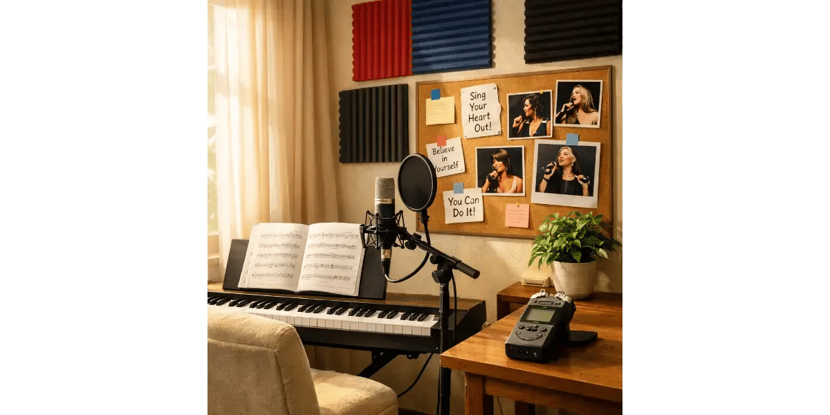 Home studio workstation setup for vocal recording and online singing practice