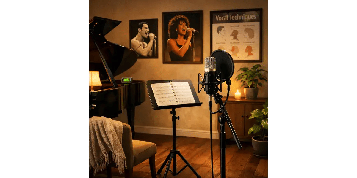 Dual-monitor computer desk setup organized for online singing class sessions