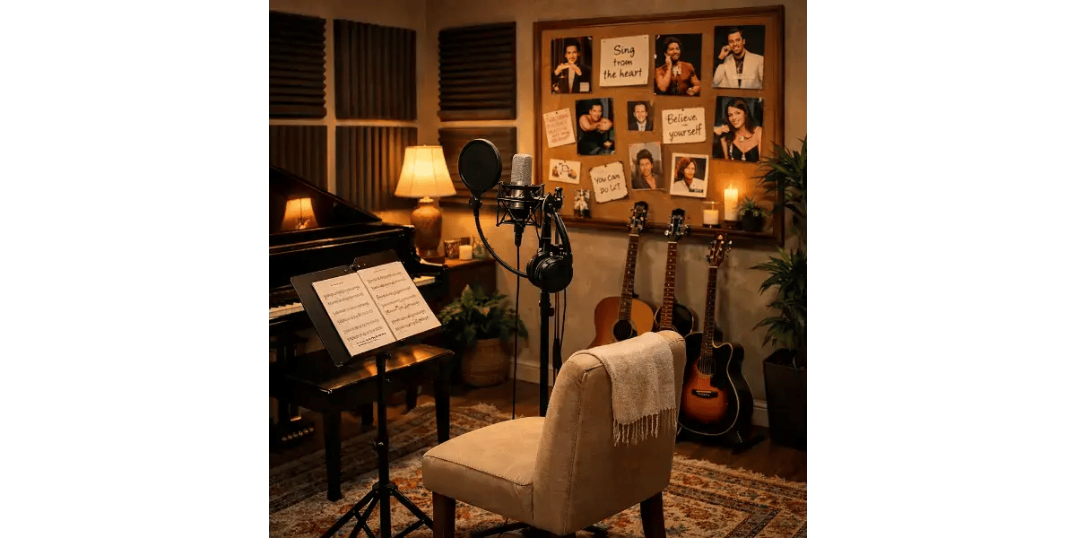 Isolated home vocal booth with reflection filter and large diaphragm condenser mic