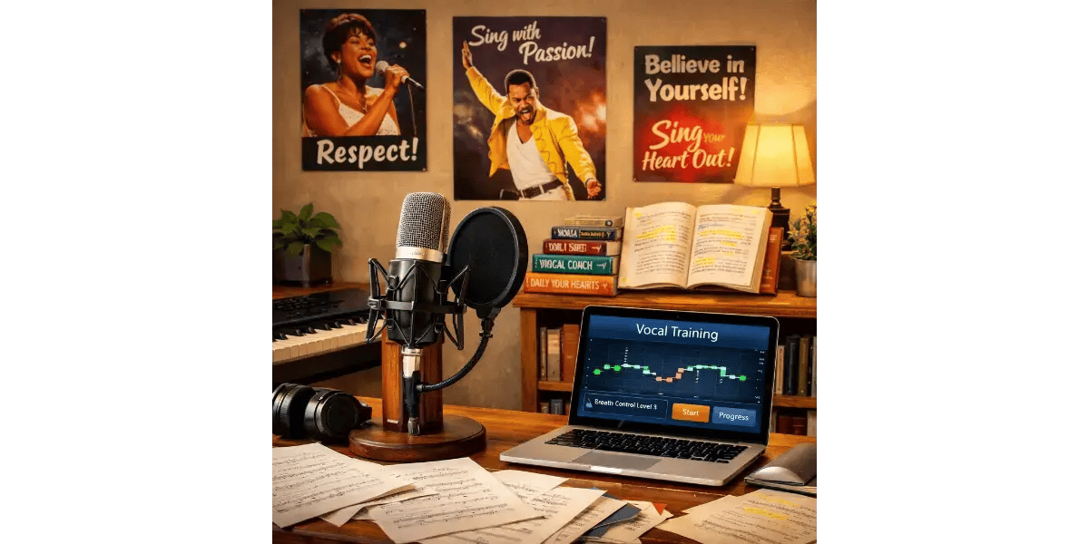 Home studio setup featuring a studio microphone and sheet music