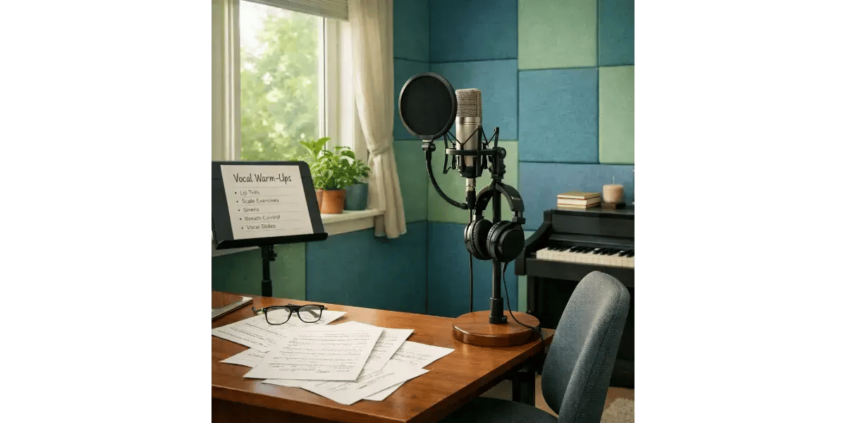 Studio setup showing modern condenser microphone