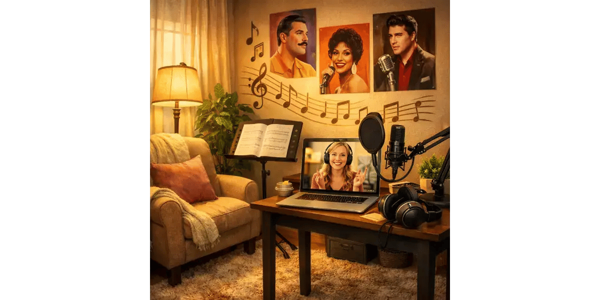 Cozy home studio setup with a microphone, music stand, and warm lighting for online singing lessons